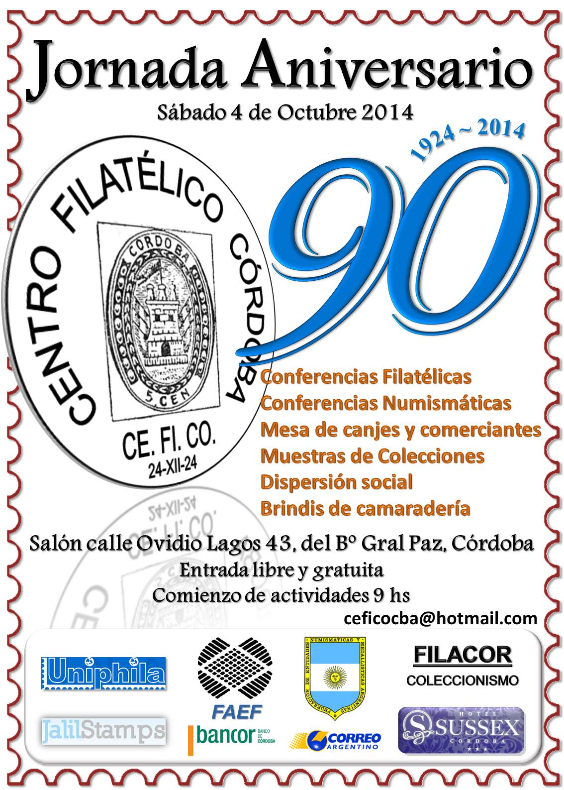 Nonagésimo aniversario Centro Filatélico y Numismático de Córdoba